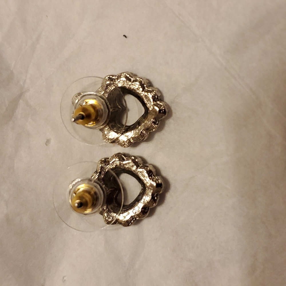 Marcasite Heart Pierced Earrings, 1/2 inch size, Antique Silver Finish, Artsy - Picture 4 of 4